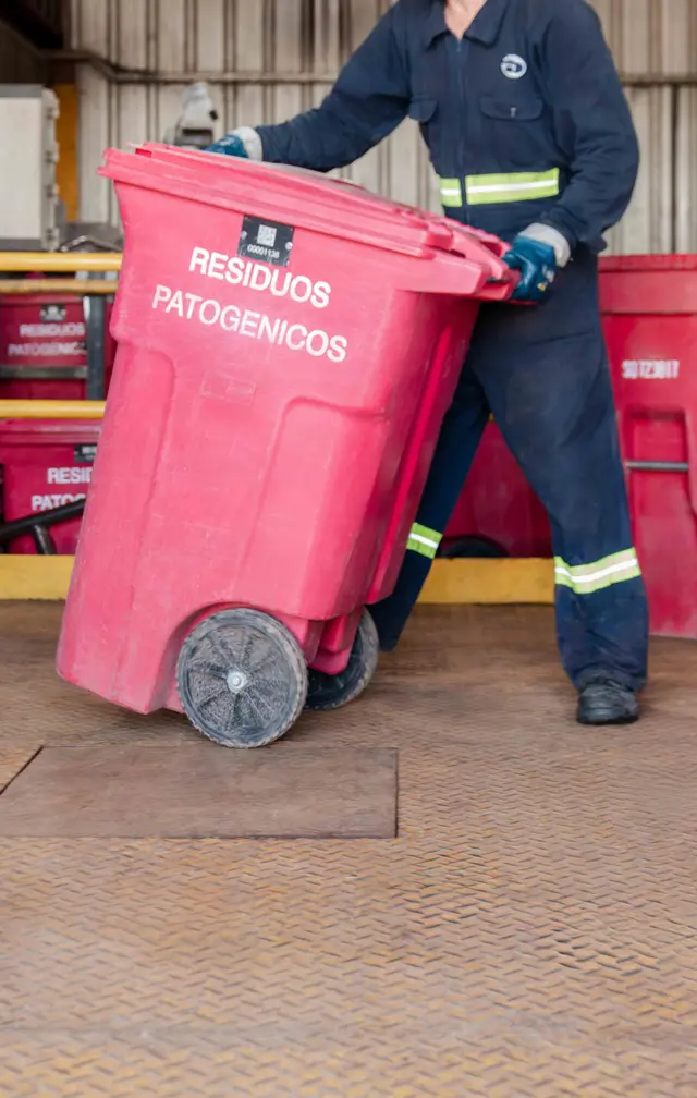 Pathogenic Waste - worker with red container
